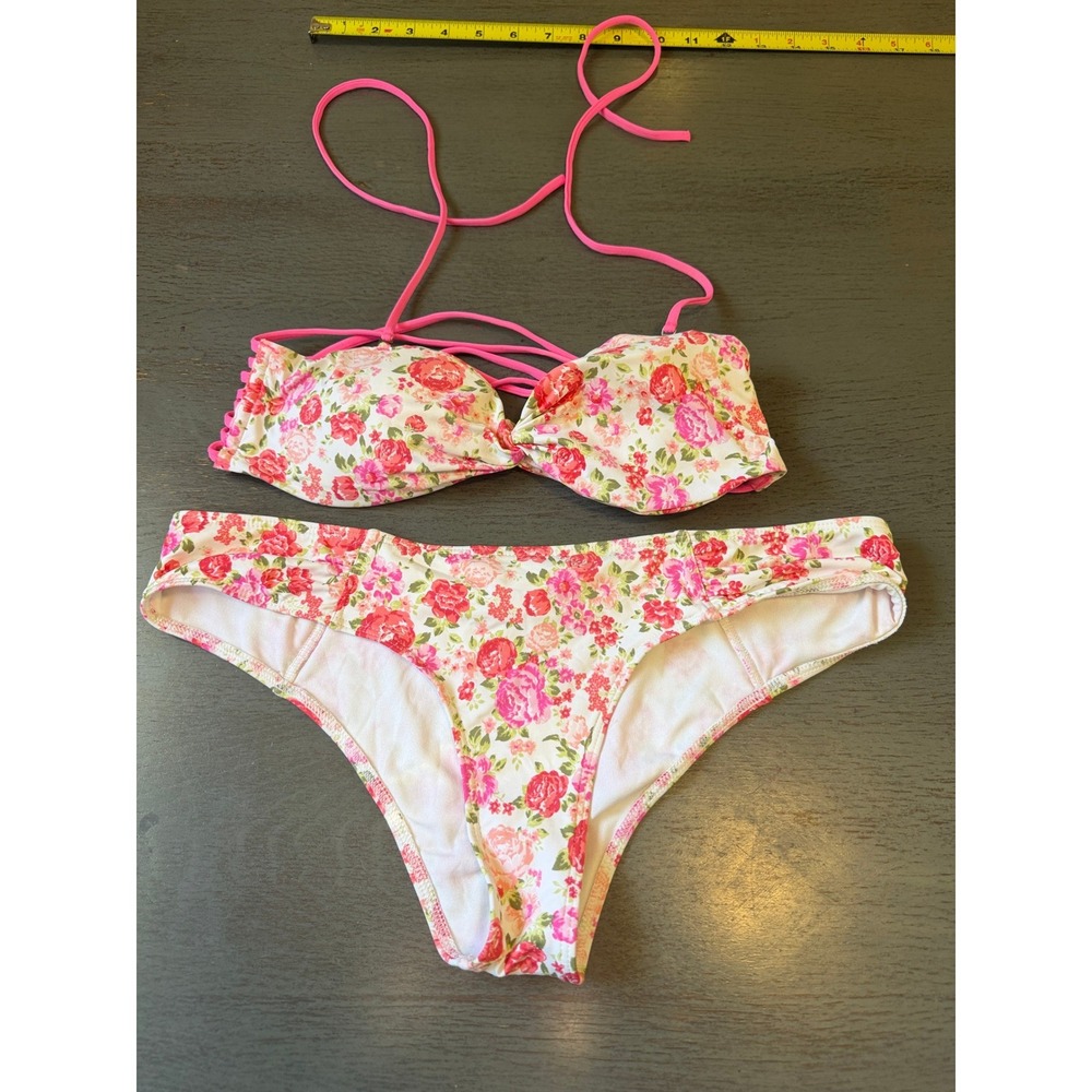 Abercrombie & Fitch Floral Pink Rose Bandeau Bikini Set Medium